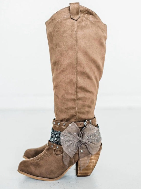 Not Rated Shoes - Not Rated Brown Suede Heeled Knee Boots with Bow Accent
